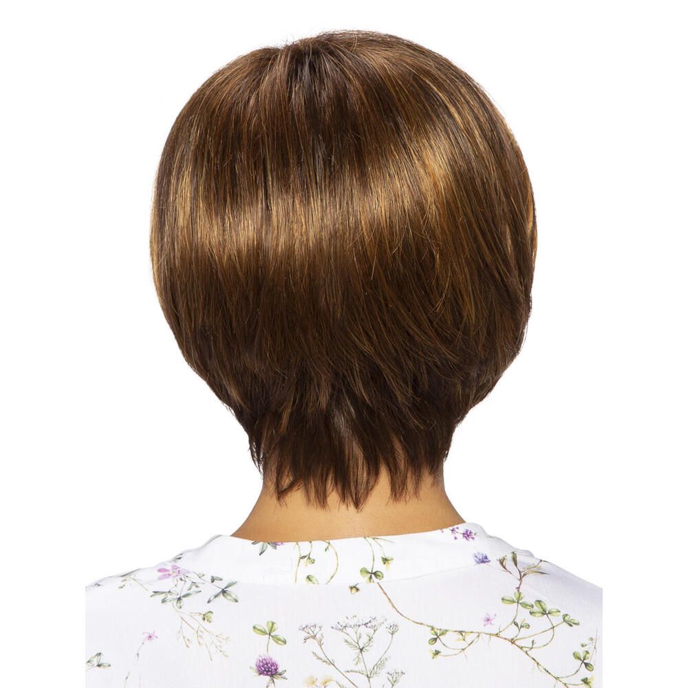 Kurzhaarperücke mit braunen und blonden Strähnen. Rückansicht einer Perücke. Die Perücke hat eine kurze Form.