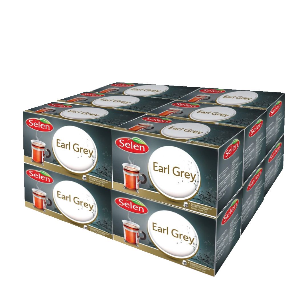 Mehrere Kartons Selen Earl Grey Schwarztee. Auf den Kartons sind Tassen mit Tee abgebildet. Der Markenname und die Teesorte sind deutlich sichtbar.