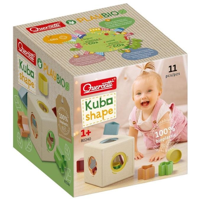 Quercetti® Steckwürfel mit Formen, BIO-Verpackung. Würfel mit Formen und 11 Teilen. 100% Biokunststoff. Kind mit Spielzeug.