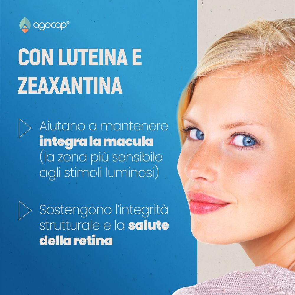 Immagine pubblicitaria con donna. Testo: Con Luteina e Zeaxantina. Aiuta a mantenere la macula e supporta la salute della retina.
