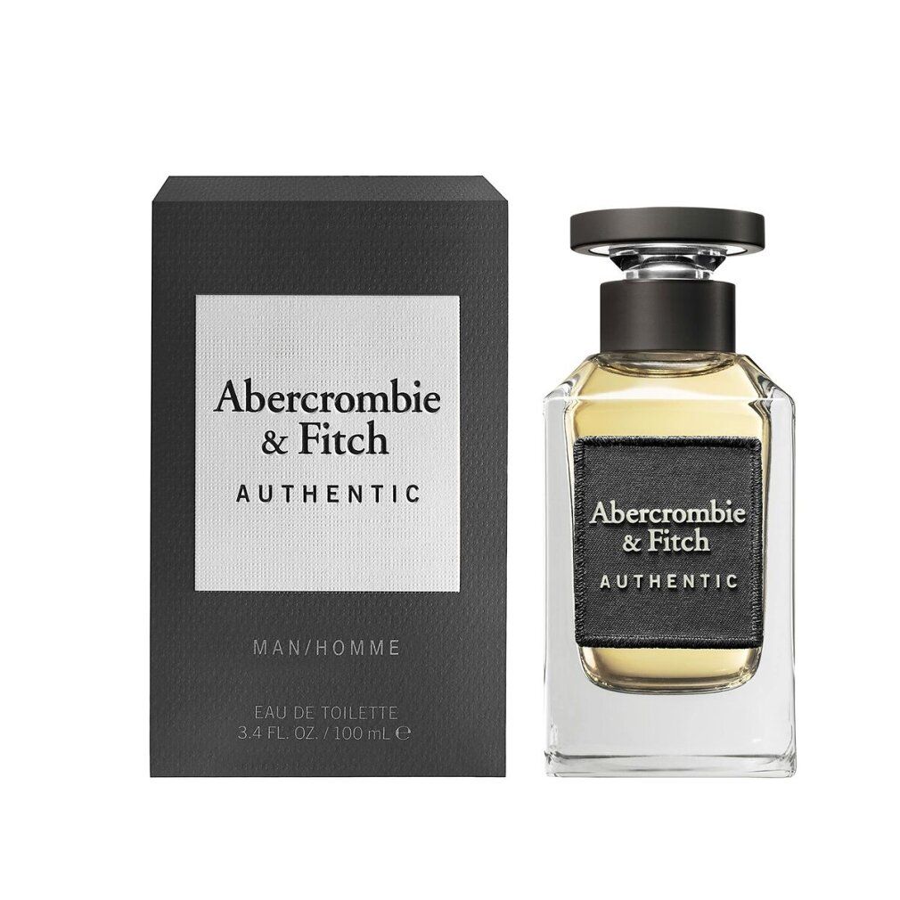 Flakon und Verpackung. Flakon mit schwarzem Verschluss. Verpackung mit "Abercrombie & Fitch AUTHENTIC".
