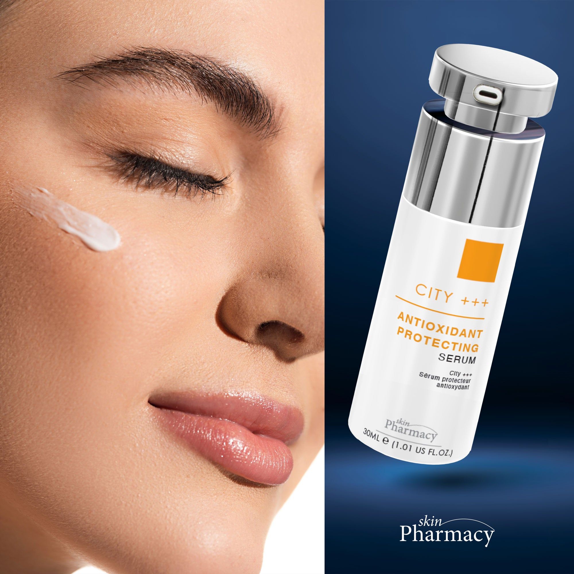 Frau mit Serum auf der Haut. Serum: weiß, silberner Verschluss, orangefarbenes Quadrat. Text: CITY +++, skinPharmacy. Hintergrund: blau.