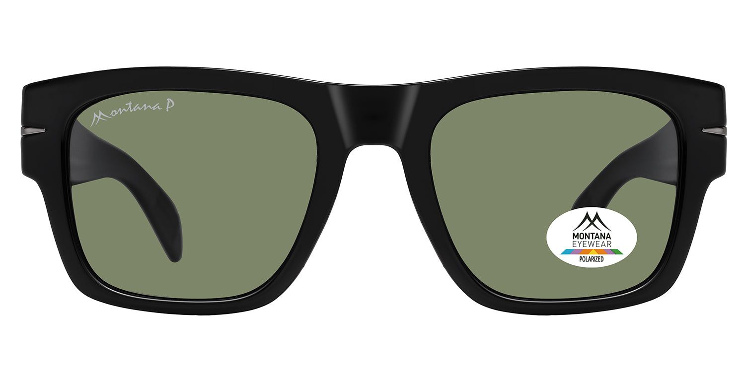Schwarze Sonnenbrille mit rechteckigen Gläsern. Montana Eyewear Logo auf dem Glas und Bügel. Polarisierte Gläser.