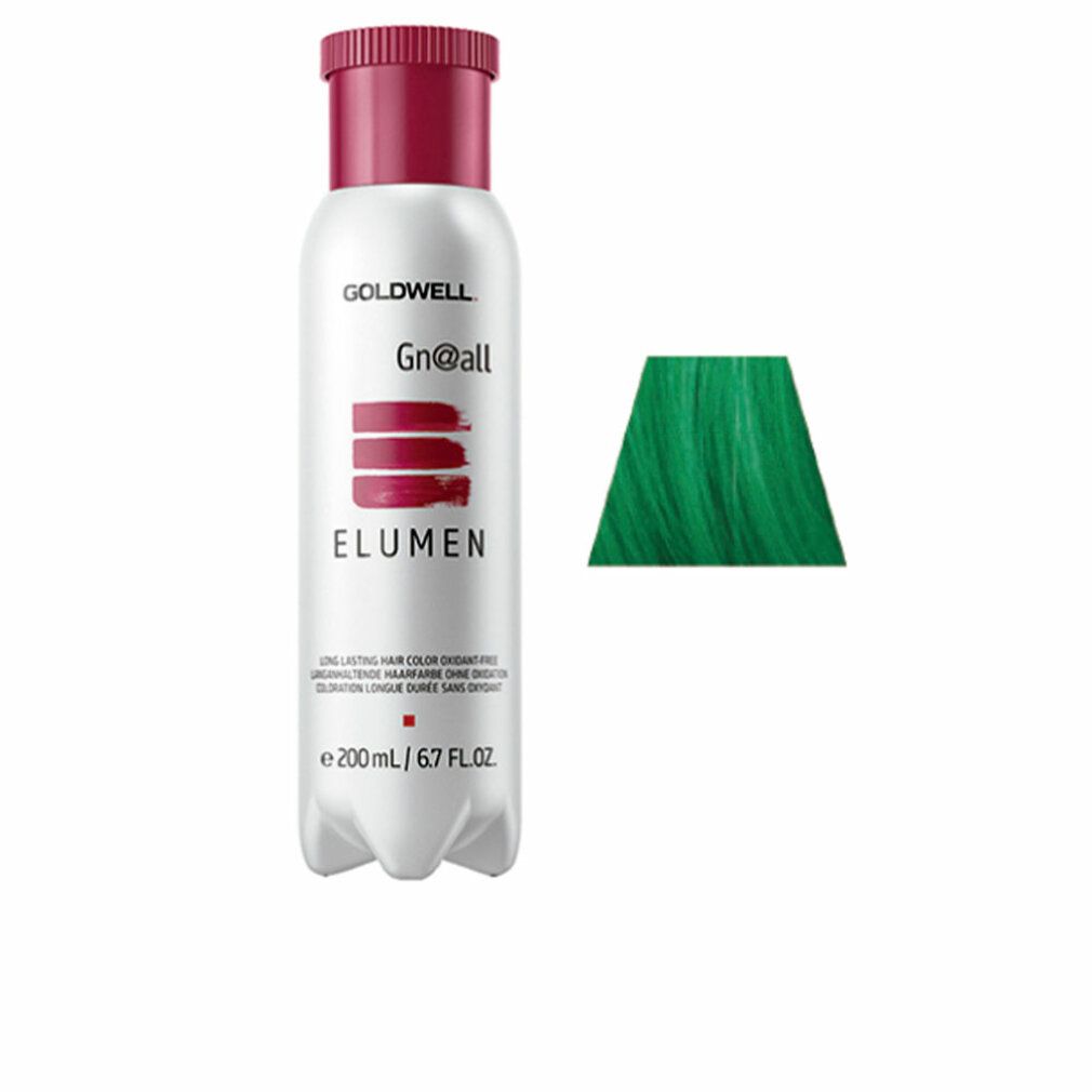 Flasche mit Haarfarbe. Aufschrift: GOLDWELL Gn@all ELUMEN. Daneben ein grünes Haarfarbmuster.
