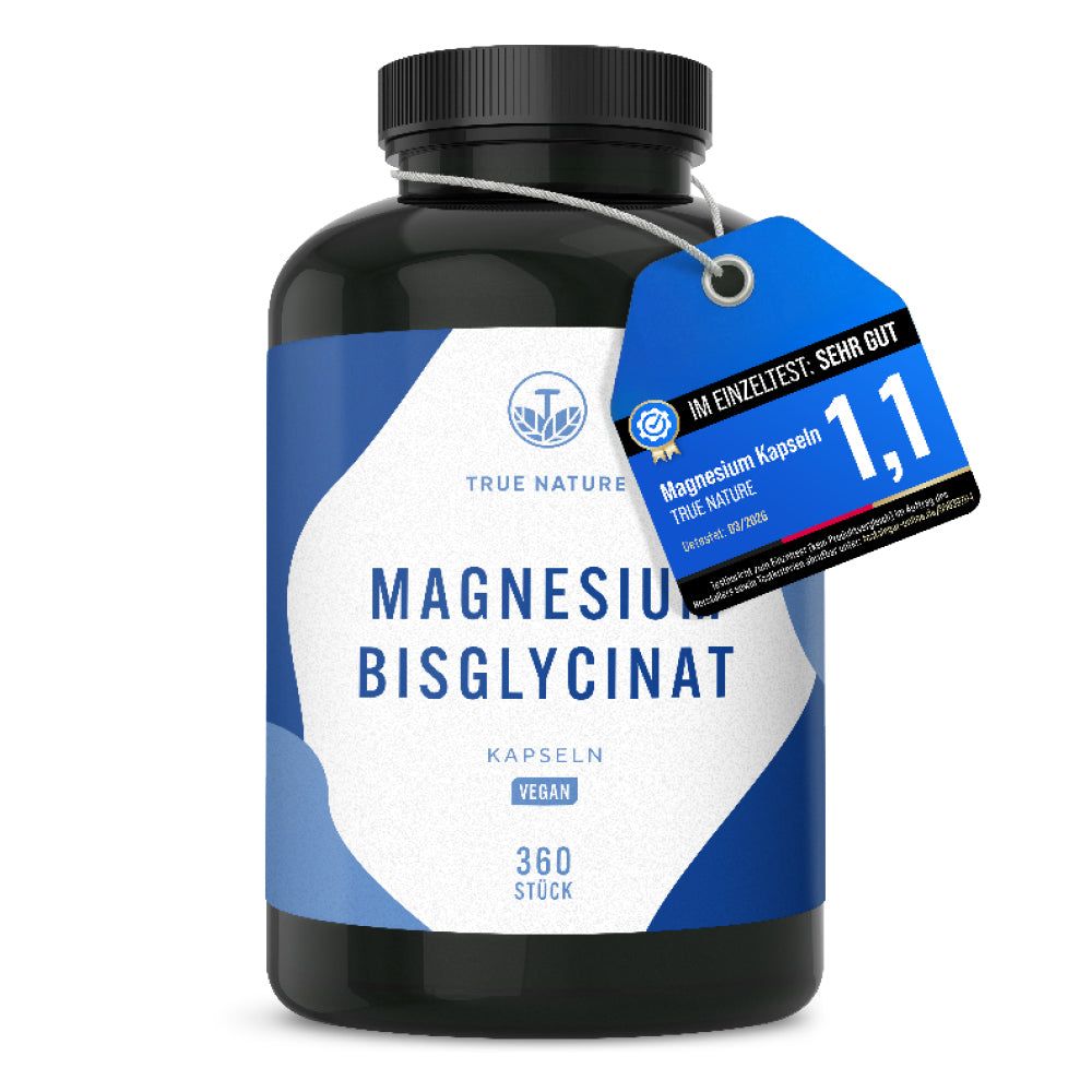 Dunkler Behälter mit TRUE NATURE Magnesium Bisglycinat Kapseln, 360 Stück. Mit Siegel 'Im Einzeltest: Sehr Gut 1,1'.