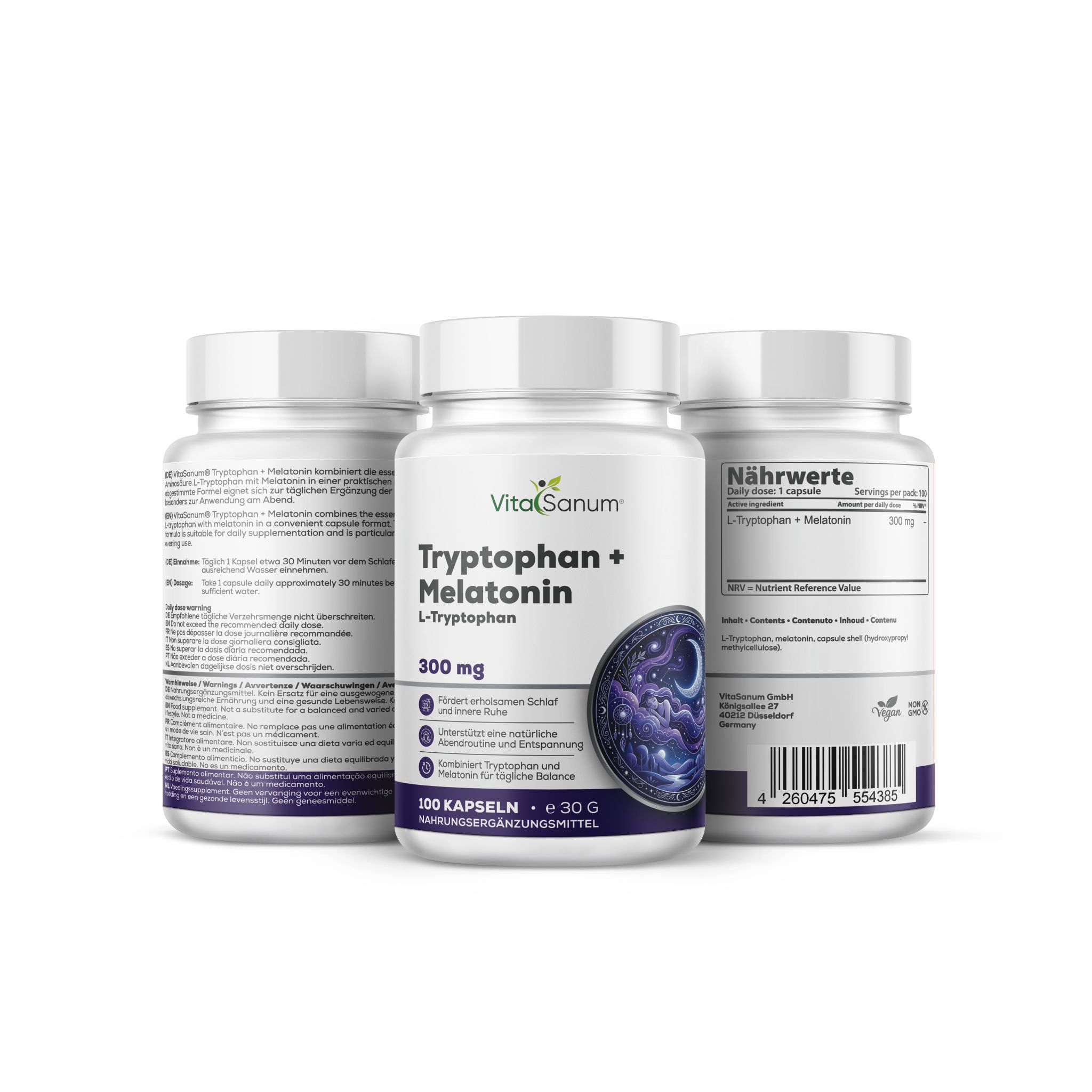 VitaSanum L-Tryptophan + Melatonin Kapseln: Drei Behälter mit 100 Kapseln je 300 mg L-Tryptophan und 1 mg Melatonin. Nährwertangaben sichtbar.