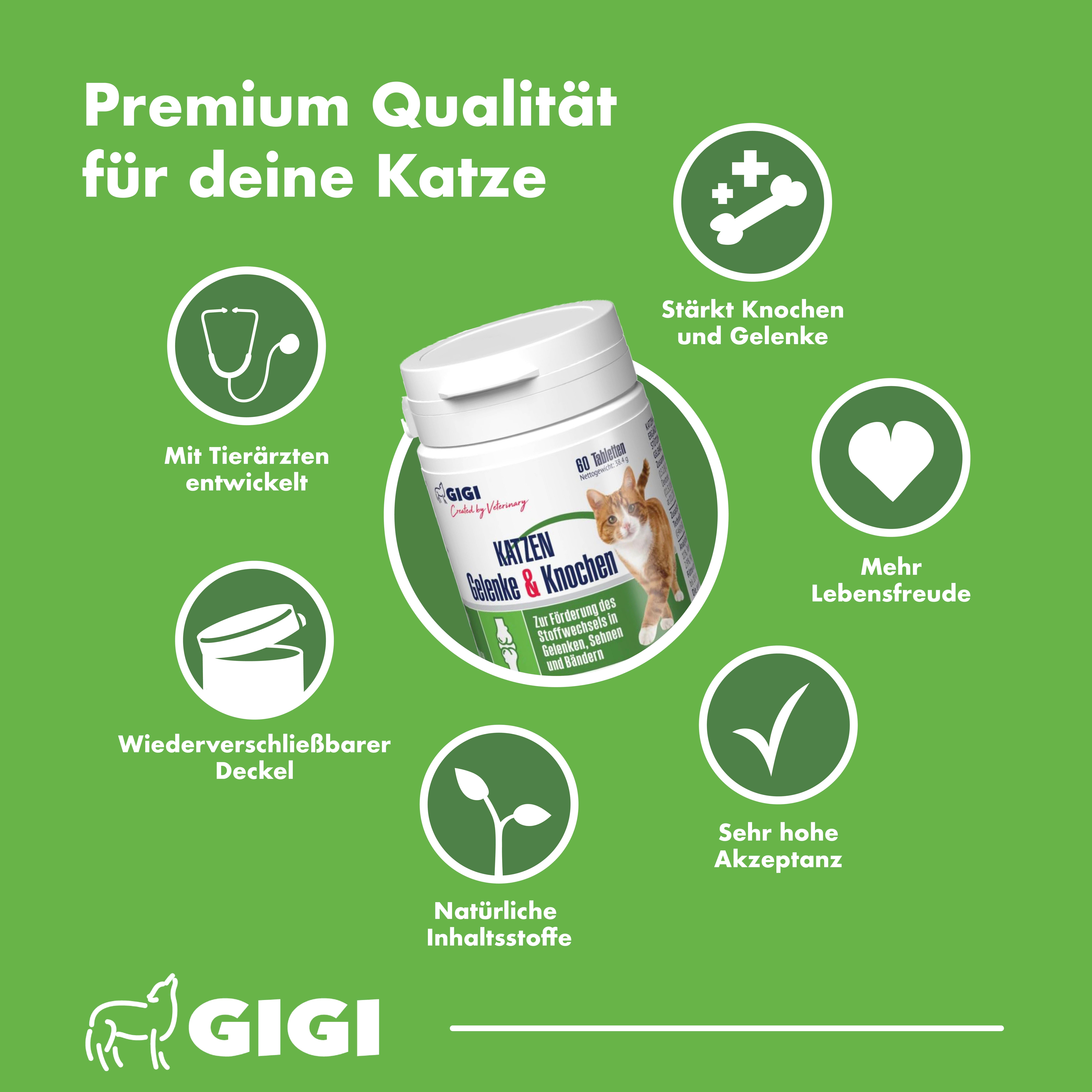 Weiße Tablettenflasche mit Aufschrift Katzen Gelenke & Knochen. Text: Premium Qualität für deine Katze. Icons: Knochen, Herz, Deckel, Inhaltsstoffe.