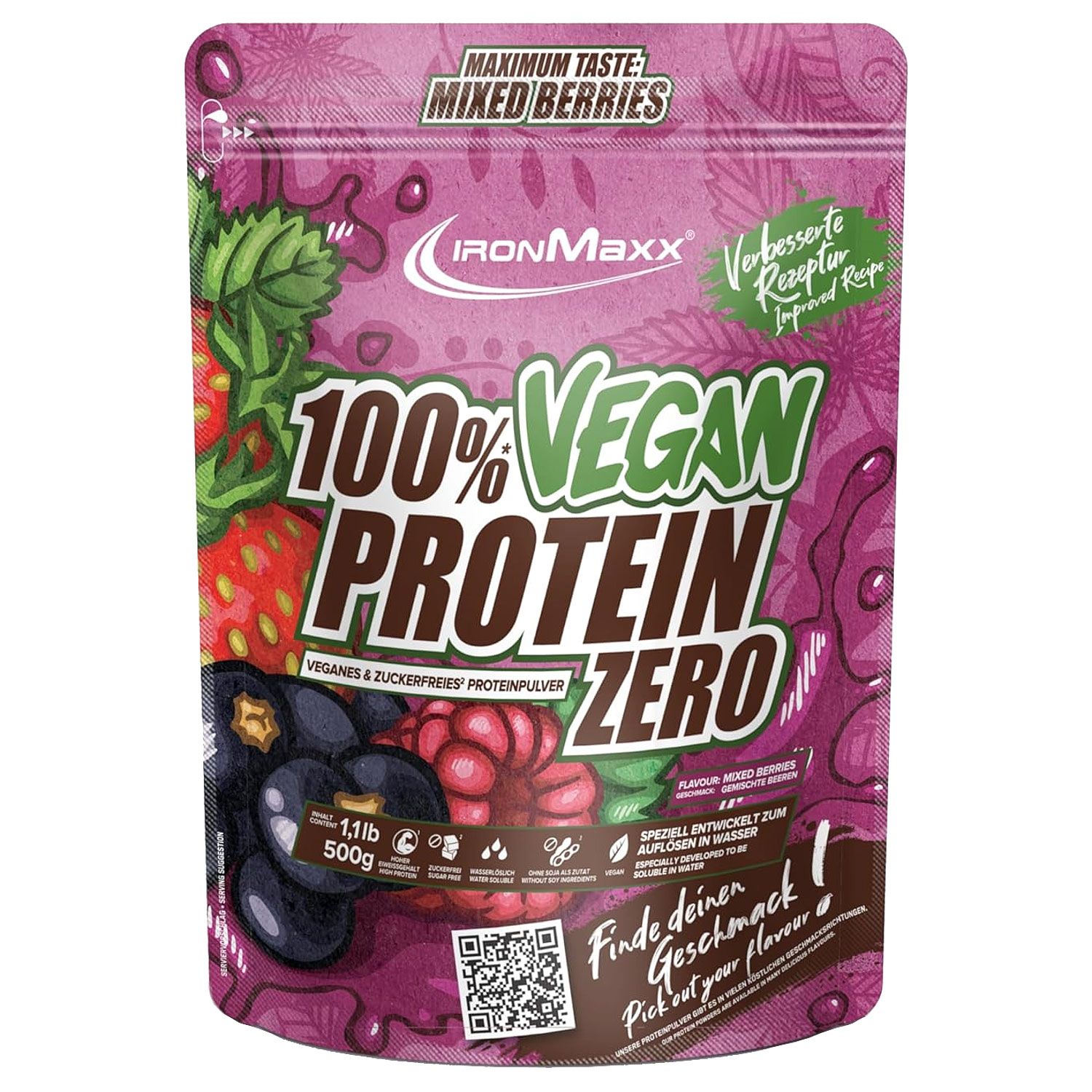 Beutel mit Aufdruck. Text: 100% Vegan Protein Zero, Mixed Berries. Abbildung von Früchten. Marke: IronMaxx.