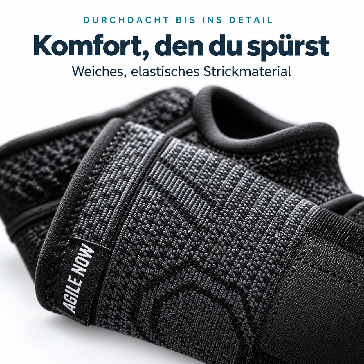Nahaufnahme einer Handgelenkbandage aus weichem, elastischem Strickmaterial mit sichtbarem Logo.