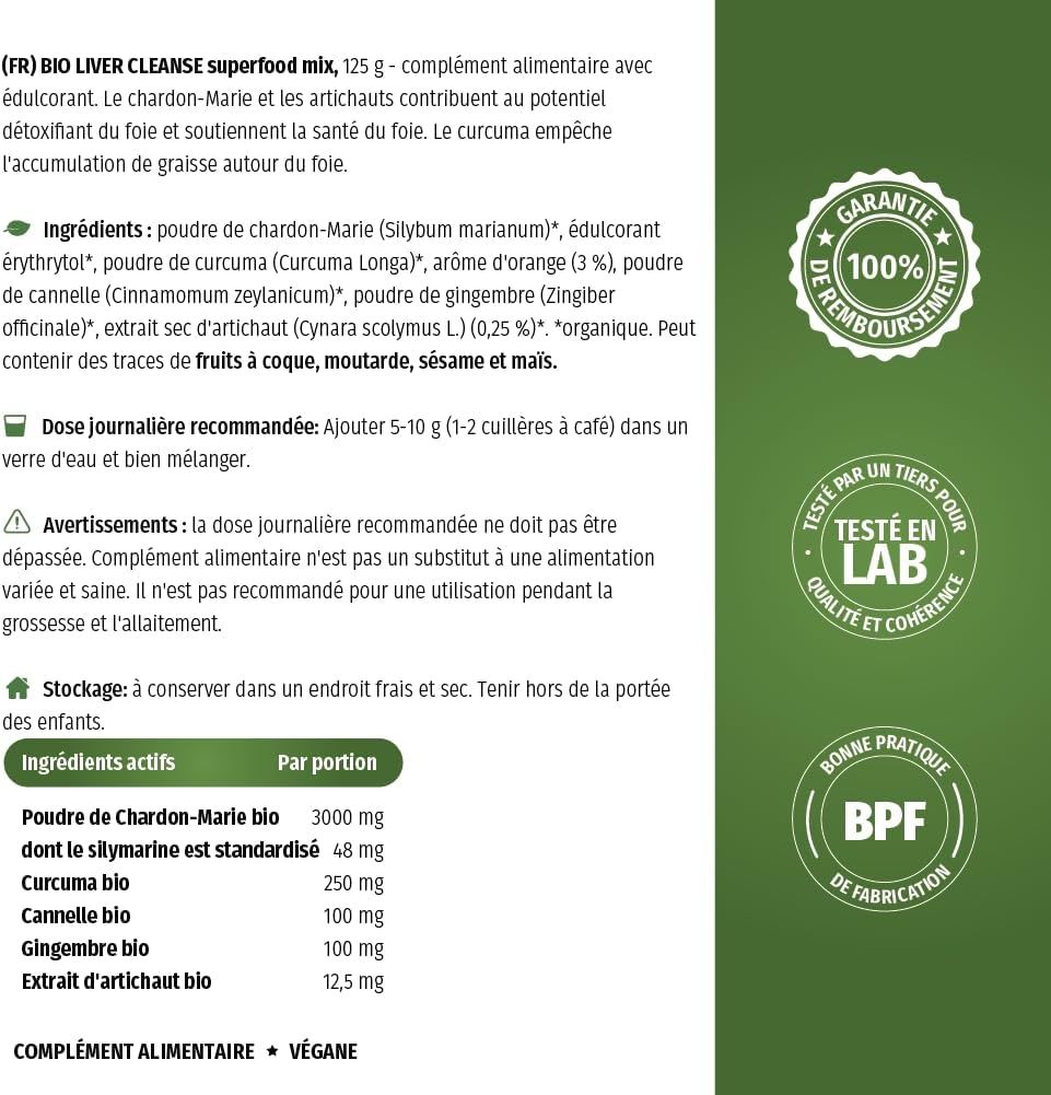 Informations produit sur Nature's Finest BIO LIVER CLEANSE. Ingrédients, dosage, avertissements, certifications.