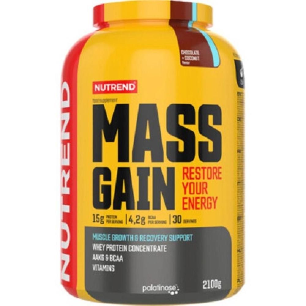 Gelbe Dose mit rotem Deckel. Aufschrift: Nutrend, Mass Gain, 15g Protein, 14,2g BCAA, 30 Portionen. Geschmack: Schokolade & Kokos.