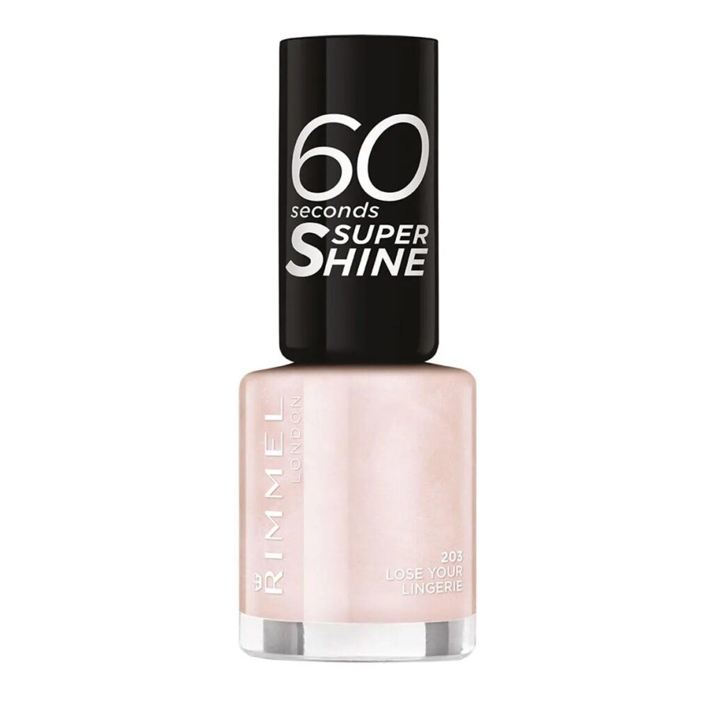 Nagellackflasche mit schwarzem Deckel. Aufschrift: 60 seconds Super Shine. Rosa Lack mit Aufschrift Rimmel London.
