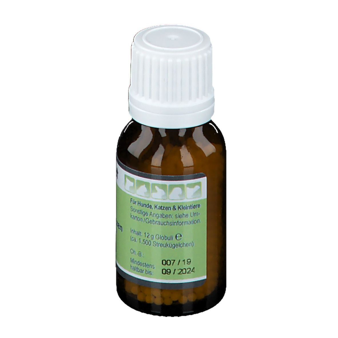 Braune Glasflasche mit weißem Deckel und grünem Etikett. Text: Für Hunde, Katzen & Kleintiere. Inhalt: 12g Globuli E.
