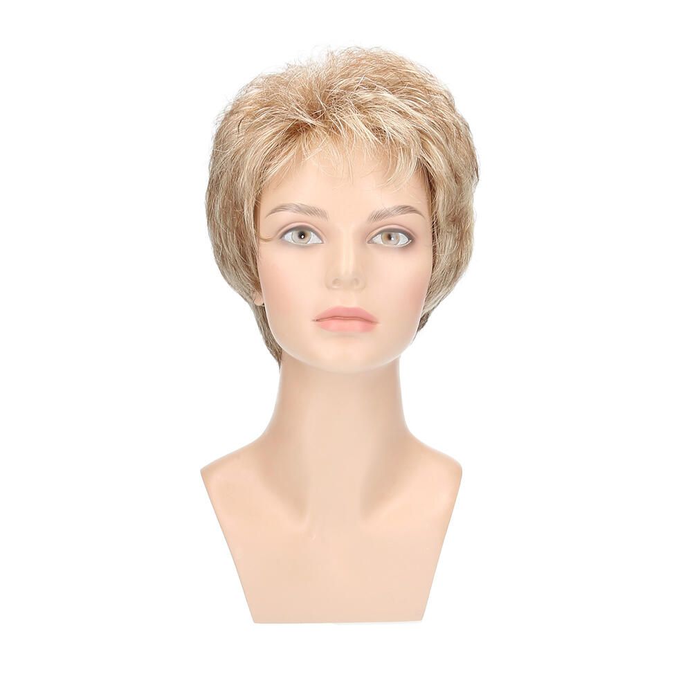 Perücke Anna von Lofty in Sandmix gesträhnt, auf einem Schaufensterkopf. Kurze, blonde Haare mit Strähnen.