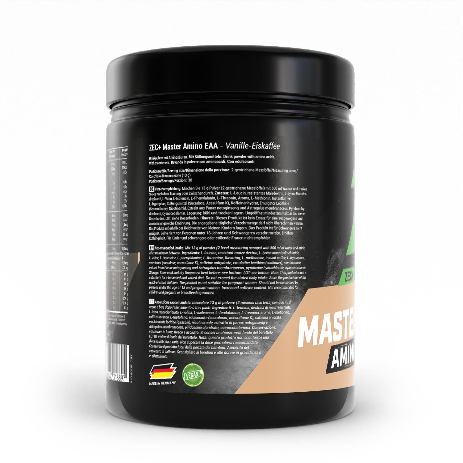 Rückseite der schwarzen Dose. Enthält Informationen zu Inhaltsstoffen und Anwendung. Vegan-Siegel und ZEC+ Logo.