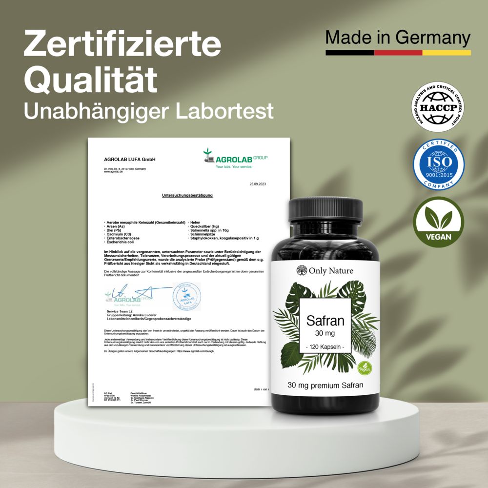 Flasche mit Safran Kapseln, Zertifizierte Qualität. Unabhängiger Labortest. Zertifizierungen: HACCP, ISO 9001, Vegan.