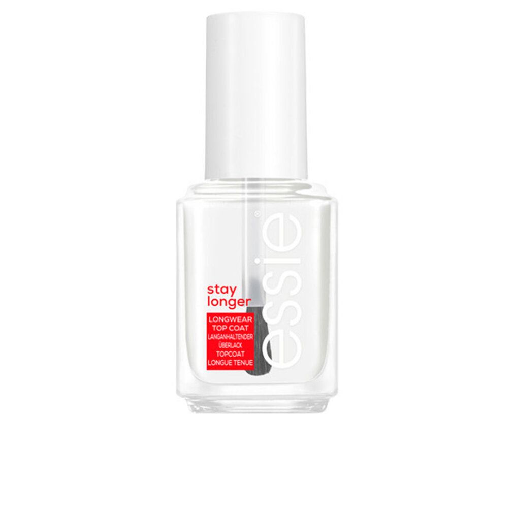 Klare Nagellackflasche mit weißem Deckel und Pinsel. Roter Aufkleber mit Text: stay longer, Longwear Top Coat. Marke: essie.
