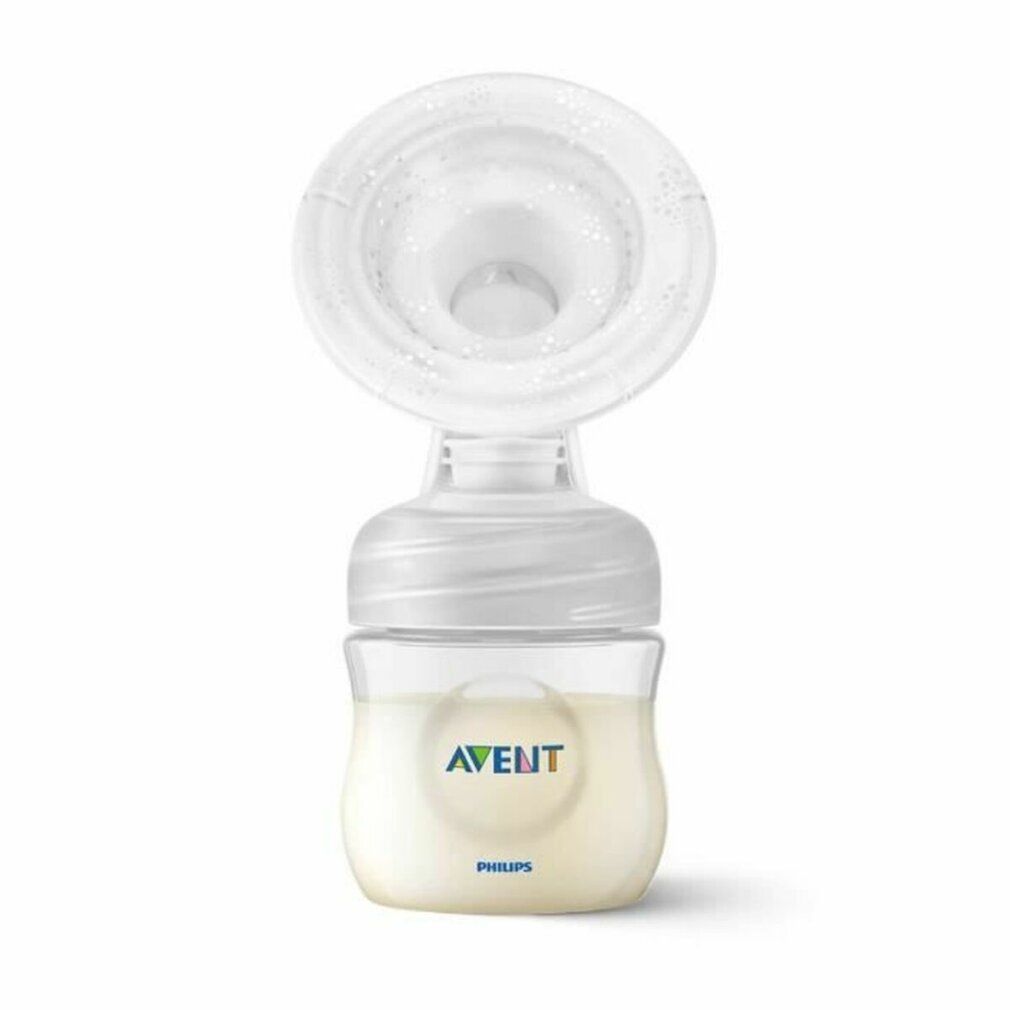 PHILIPS AVENT manuelle Milchpumpe. Transparente Pumpe und Flasche. Milch sichtbar.