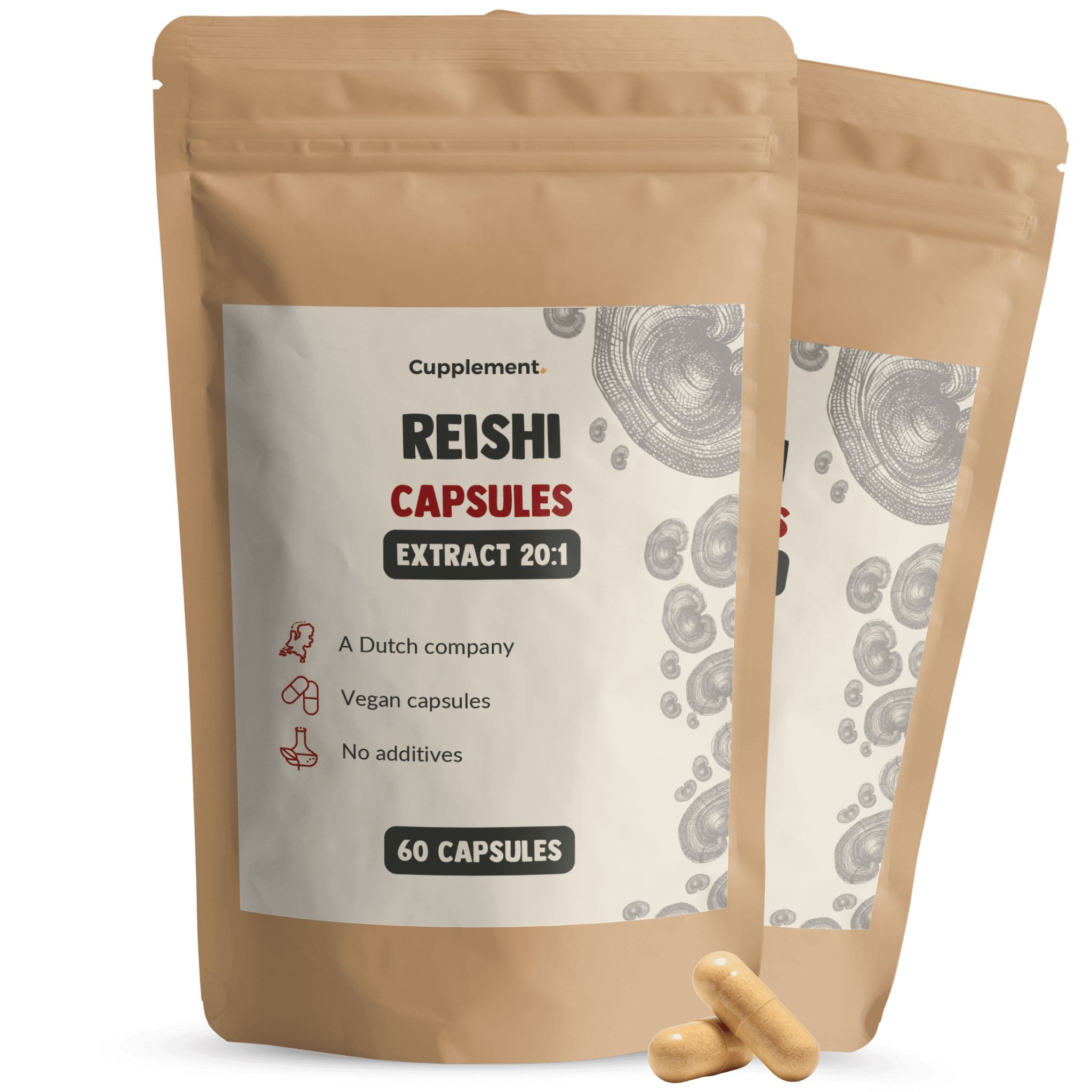 Zwei Beutel mit Kapseln. Aufschrift: Reishi Capsules Extract 20:1, 60 Kapseln. Zwei Kapseln liegen daneben.