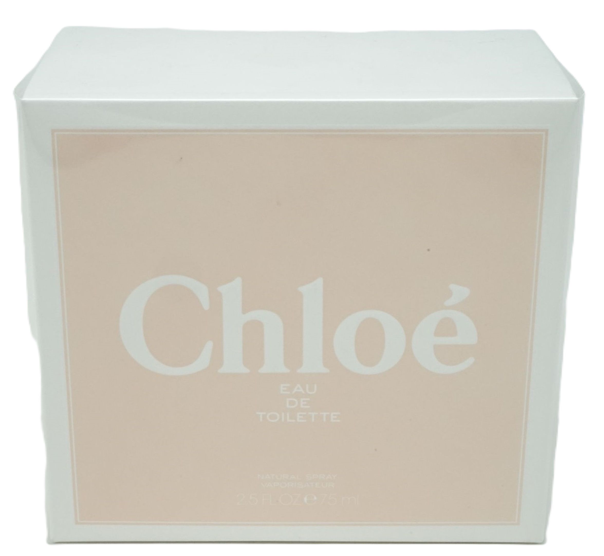 Chloé Eau de Toilette 2015 Verpackung. Rechteckige Box, hellrosa mit weißem Logo und Text.