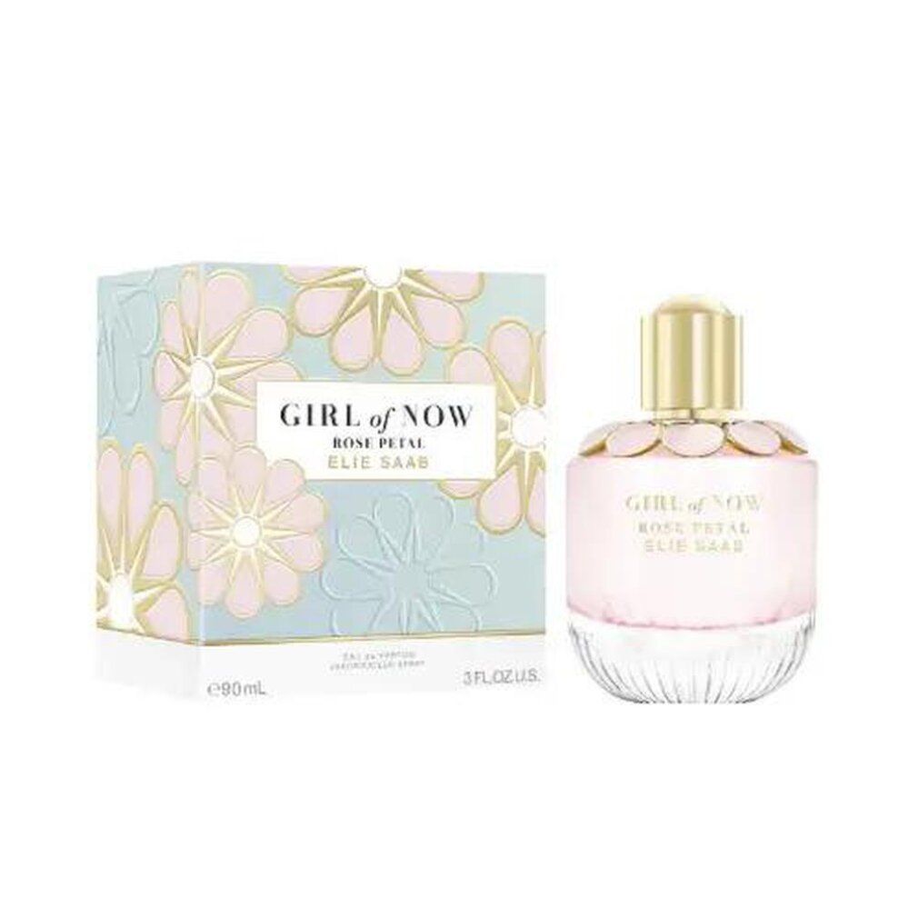 Elie Saab Girl of Now Rose Petal Eau de Parfum Nat. Spray Flakon mit goldenem Verschluss und Blütenapplikation.