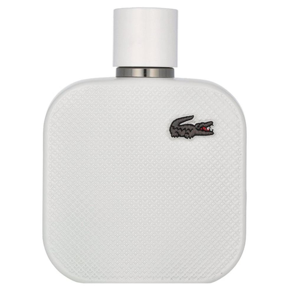 Weißer Flakon mit quadratischer Form und geprägter Oberfläche. Schwarzes Krokodil-Logo. Weißer Deckel.