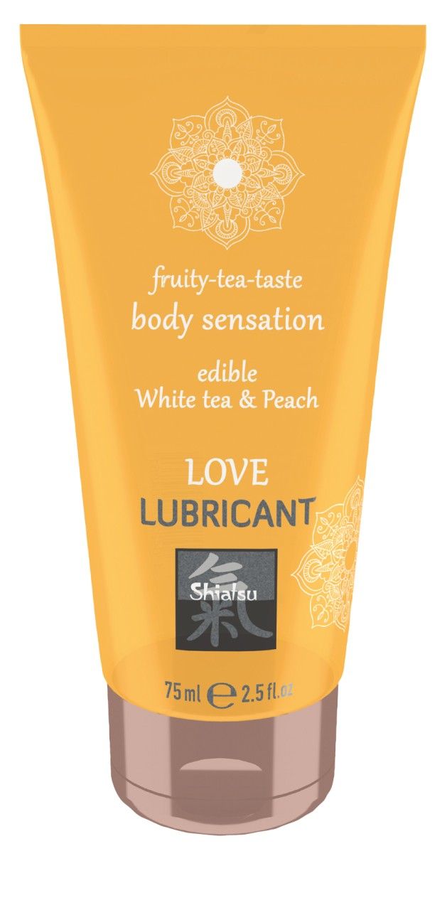 Gelbe Tube mit Aufschrift 'Love Lubricant'. Enthält 75ml. Mit 'Shiatsu' Logo und 'White tea & Peach'.