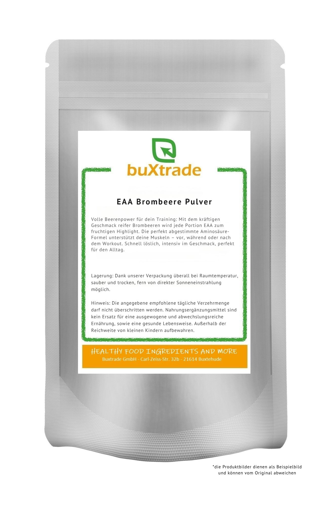 Beutel mit EAA Brombeere Pulver. Aufschrift: buXtrade. Grüner Rahmen mit Text. HEALTHY FOOD INGREDIENTS AND MORE.