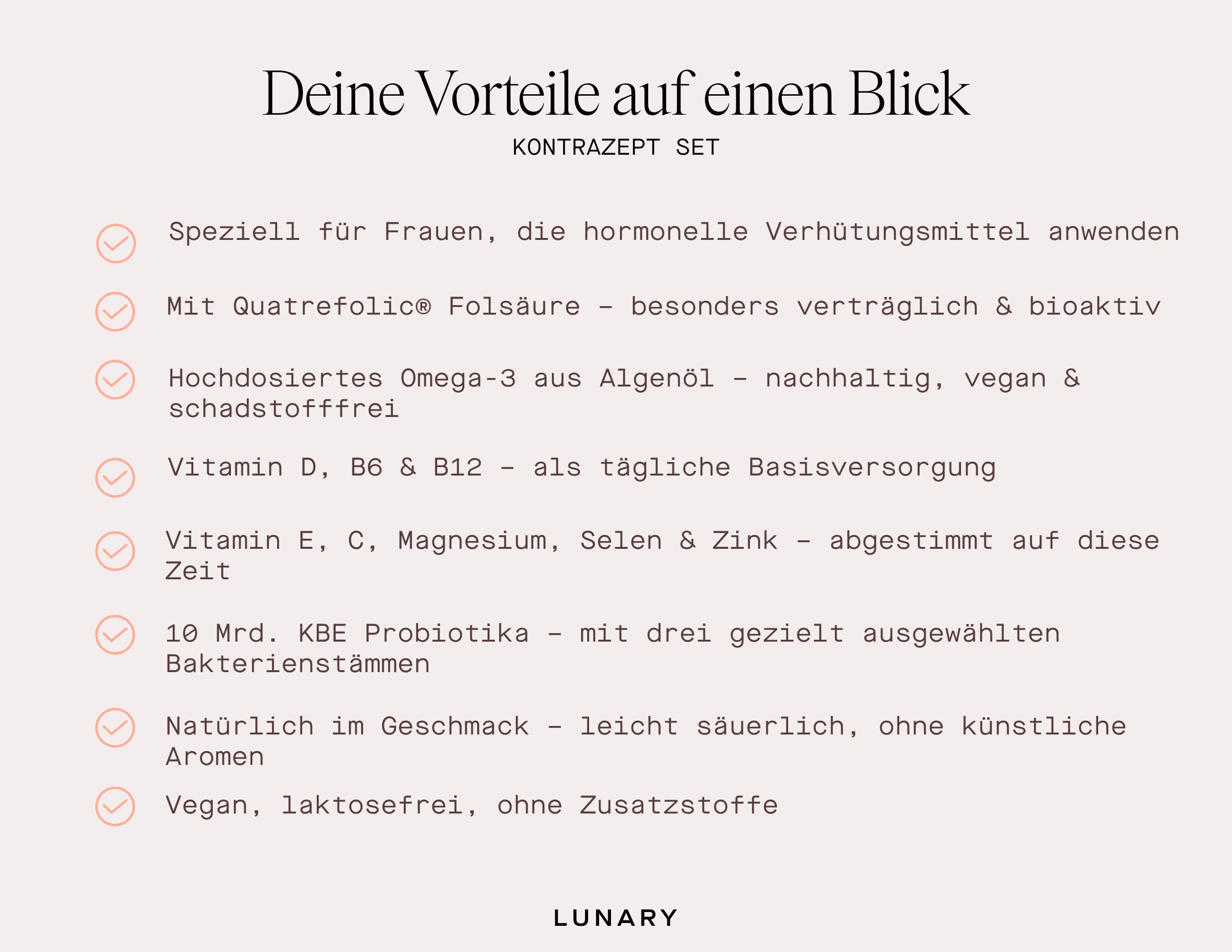 Texttafel: Deine Vorteile auf einen Blick. Text über Vorteile des Kontrazept Sets. LUNARY Logo.