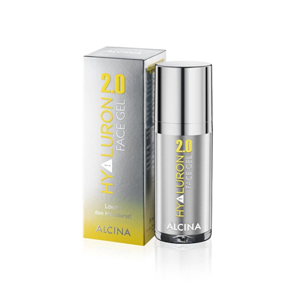 Produktflasche und Schachtel. Aufschrift: Hyaluron 2.0 Face Gel, Alcina. Gelb-silberne Verpackung.