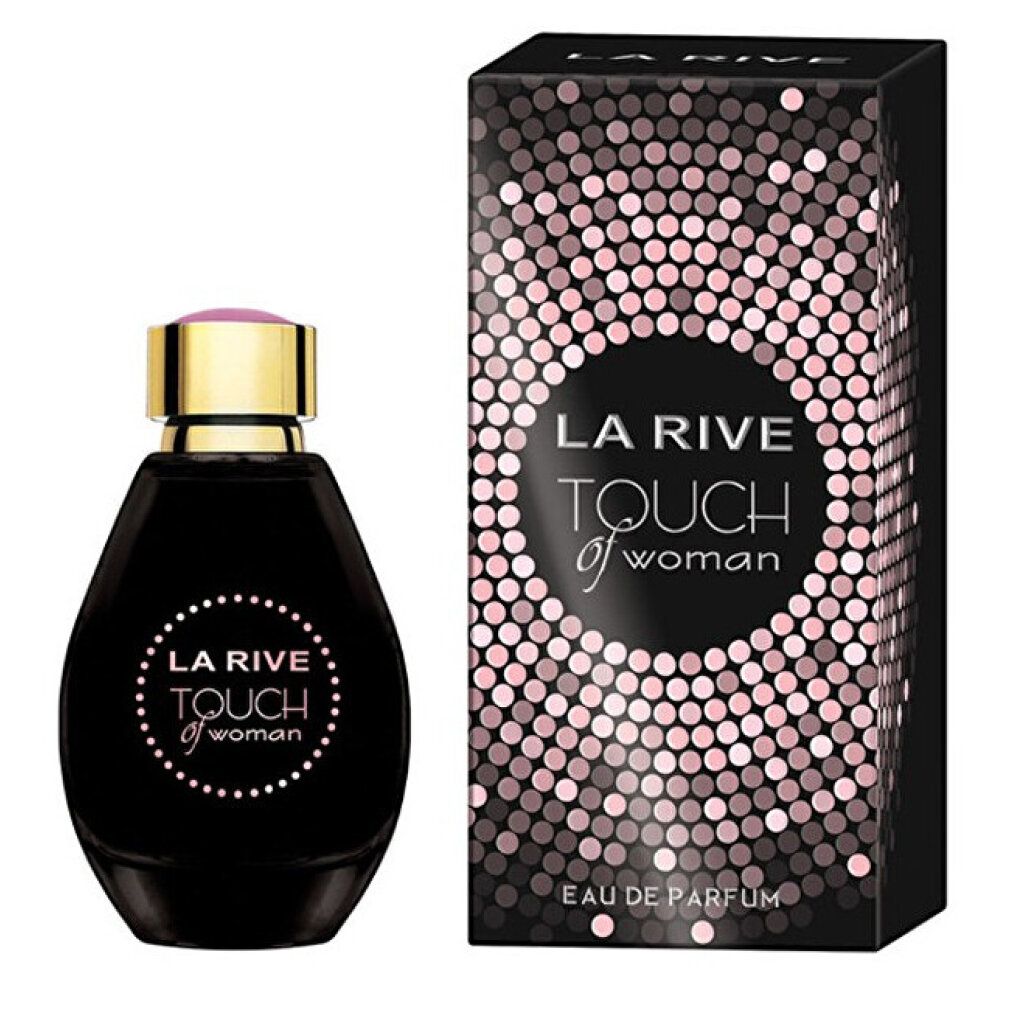 Schwarzer Flakon und Verpackung. Aufschrift: LA RIVE TOUCH of woman. Verpackung mit rosa Punkten.