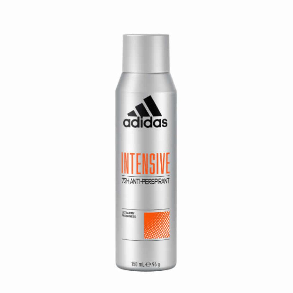 Silberne Deospray-Dose mit schwarzem Adidas-Logo und orangefarbenem Schriftzug "INTENSIVE". Enthält 72h Anti-Transpirant.
