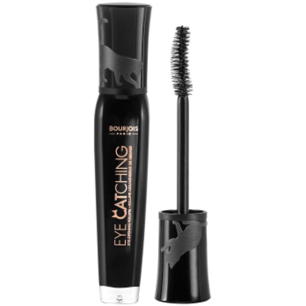 Schwarze Mascara-Tube mit Bürste. Aufschrift: Eye Catching. Marke: Bourjois Paris. Dekoration.