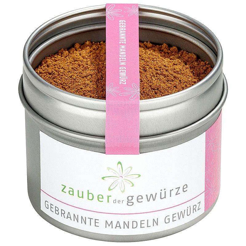 Runde Dose mit braunem Gewürz. Rosa Etikett mit Schriftzug "Gebrannte Mandeln Gewürz". Weißes Etikett mit Logo und Schriftzug "Zauber der Gewürze".