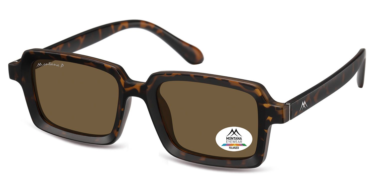 Sonnenbrille mit braunen Gläsern und braunem Rahmen. Auf einem Glas befindet sich ein Aufkleber mit Logo und Schriftzug 'Polarized'.