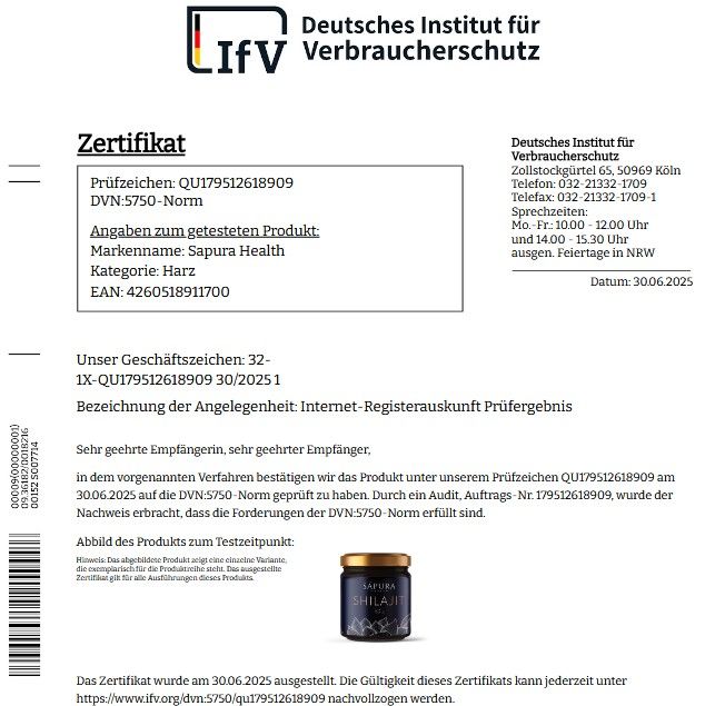 Zertifikat des Deutschen Instituts für Verbraucherschutz. Produkt: Harz. Marke: Sapura Health. EAN: 4260518911700. Gültig bis 30.06.2025.