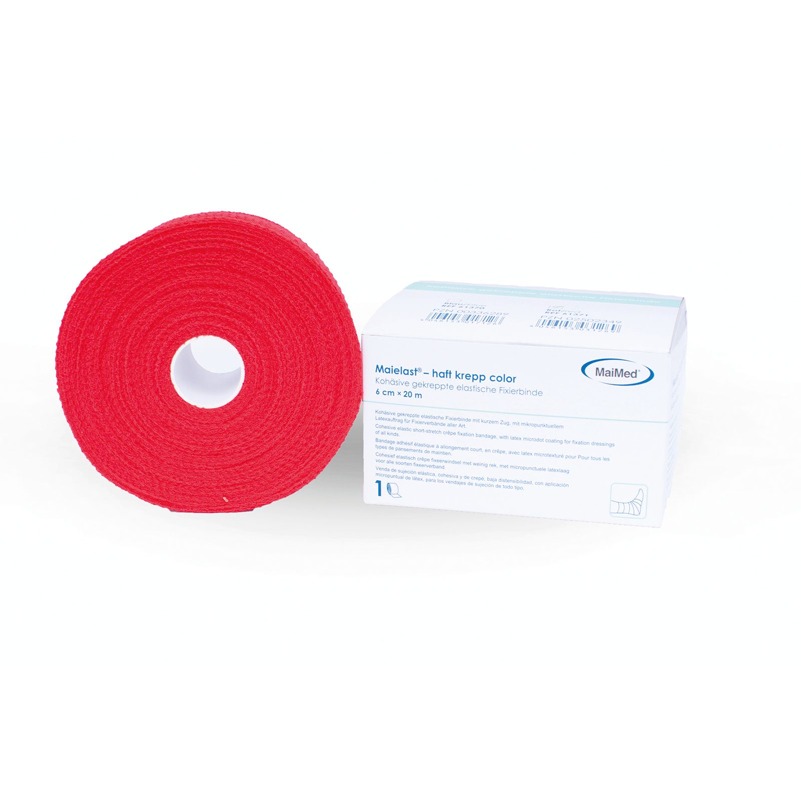 Rolle rote Haftbinde neben weißer Verpackung. Verpackung mit Produktbezeichnung und Logo.