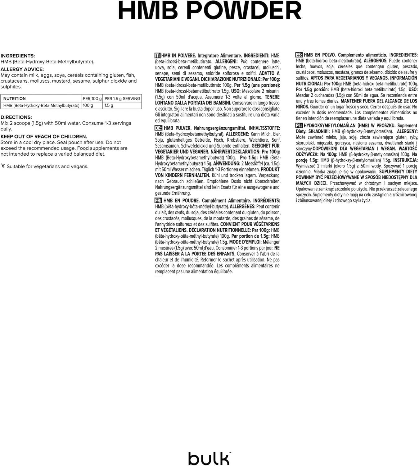 Text mit Inhaltsstoffen und Nährwertangaben für "HMB Powder" von "bulk".