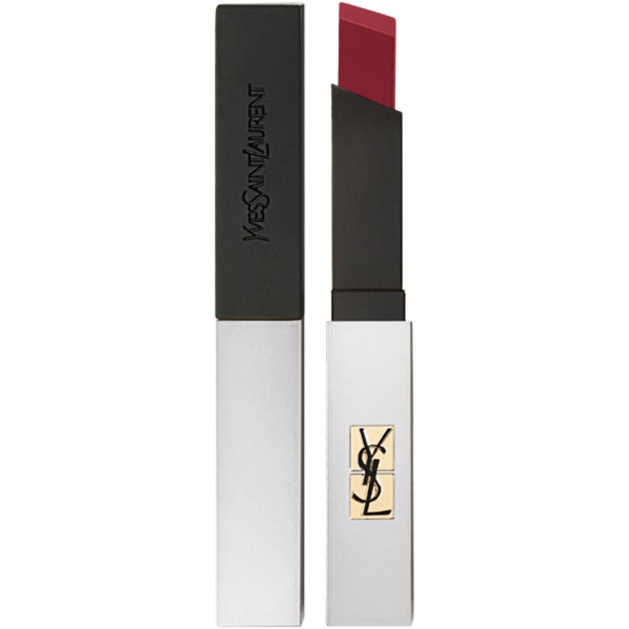 Lippenstift, schlanke Form, geöffnet und geschlossen. Schwarzer Deckel mit weißem Gehäuse. YSL-Logo.