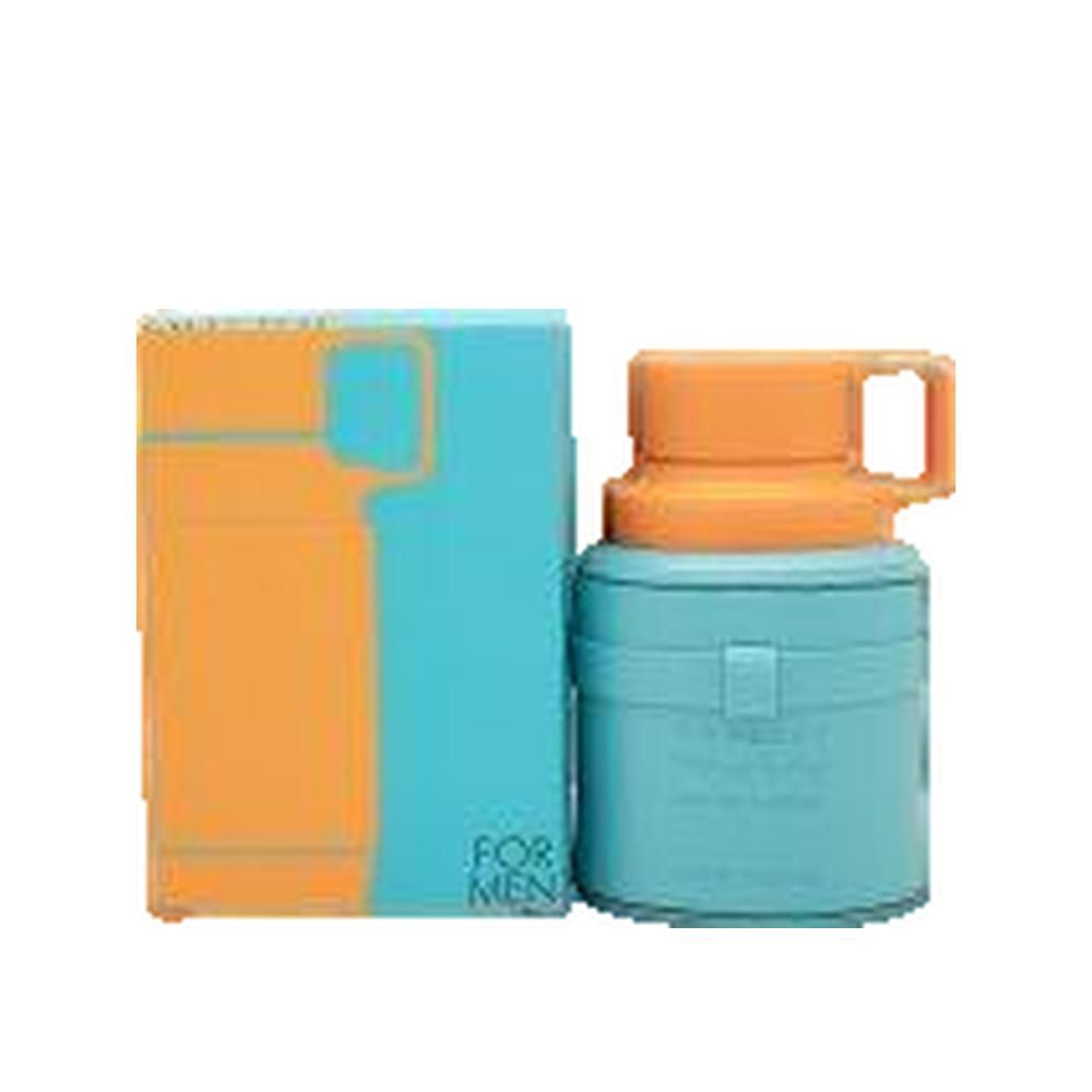 Türkis-orangefarbener Flakon und Schachtel. Auf der Schachtel steht "FOR MEN". Der Flakon hat einen orangefarbenen Deckel mit Griff.