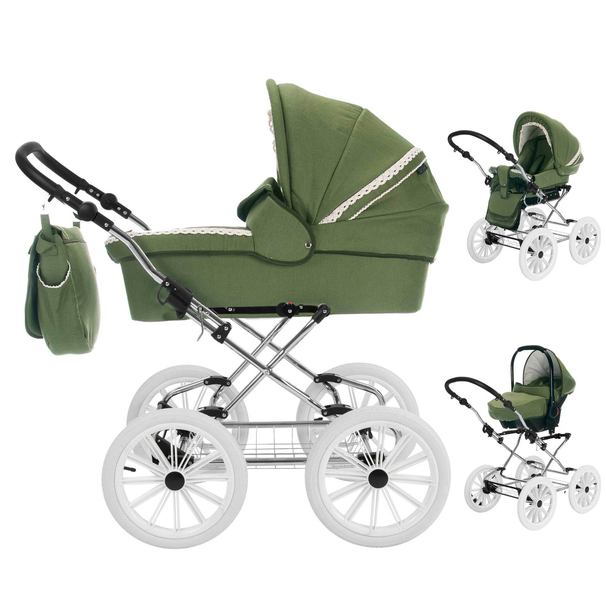 Grüner Kinderwagen mit weißem Gestell und Tasche. Mehrere Ansichten: Babywanne, Sportwagenaufsatz und Babyschale.