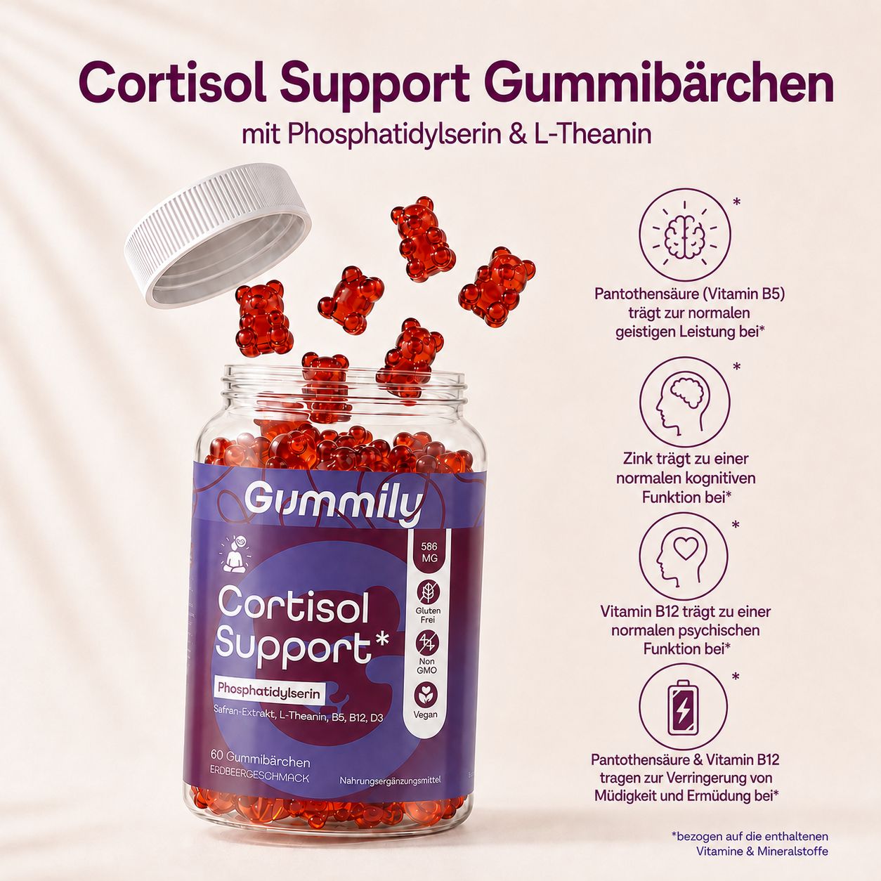 Gummily Cortisol Support Flasche mit herausfallenden Gummibärchen und Icons für Vorteile.