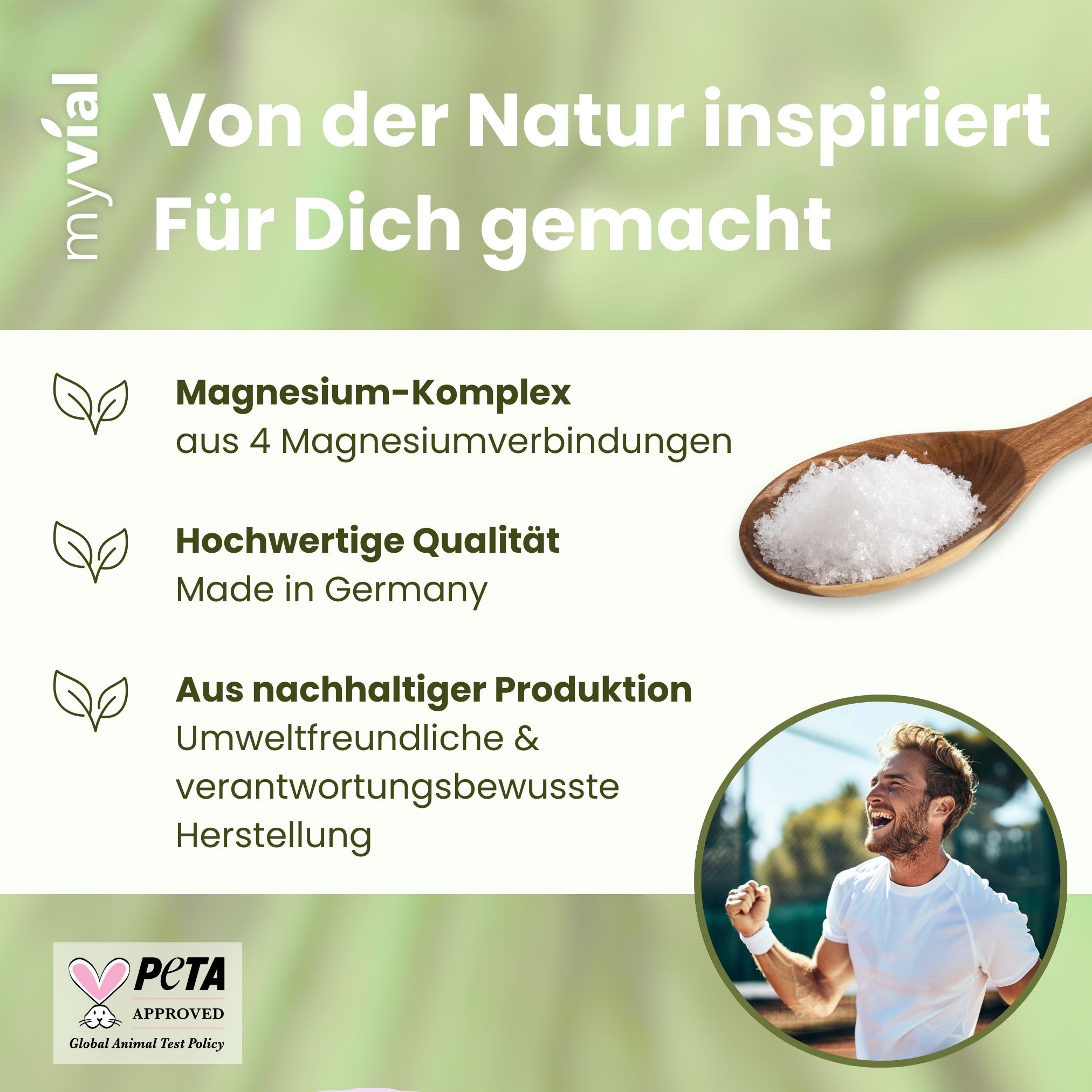 Werbung für myvial® Magnesium. Text: Magnesium-Komplex, hochwertige Qualität, nachhaltige Produktion. Bild: Salz in Schale, Mann beim Laufen. PETA-Logo.