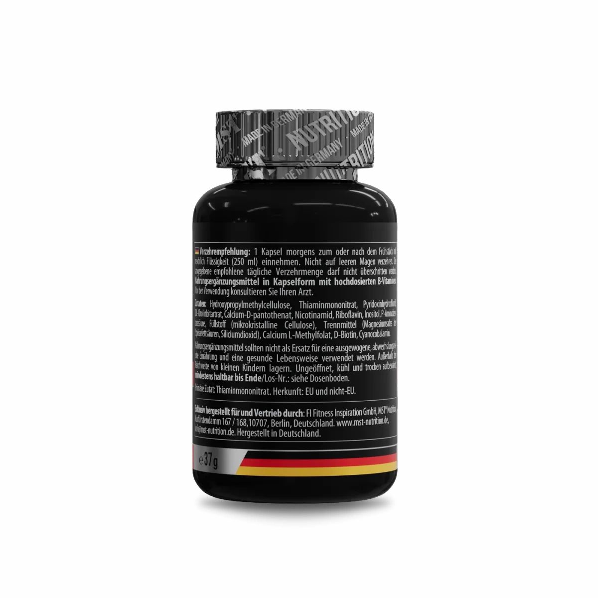 Schwarze Flasche mit Kapseln. Etikett mit Inhaltsstoffen und Nährwertangaben. Deutscher Text.