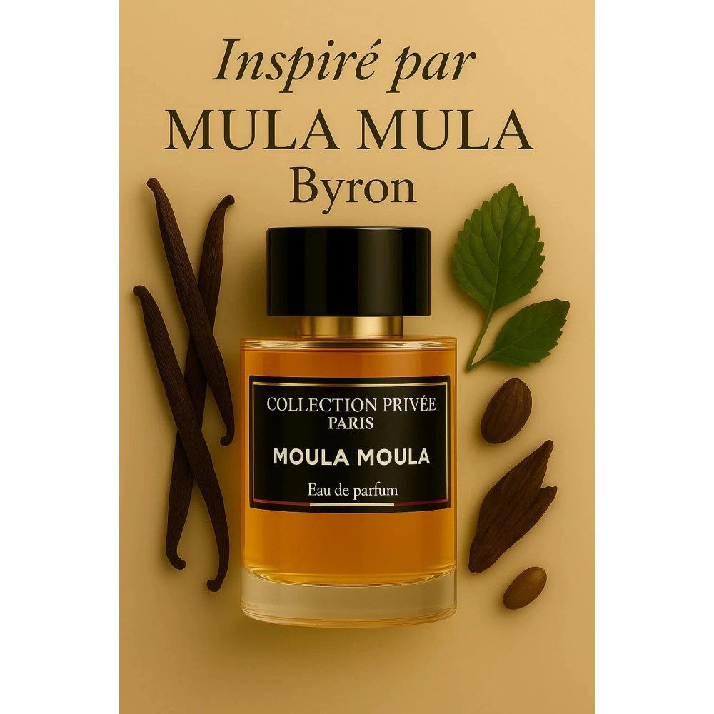 Parfümflakon mit Aufschrift: Collection Privée Paris, Moula Moula, Eau de parfum. Mit Vanilleschoten, Blättern und Samen.