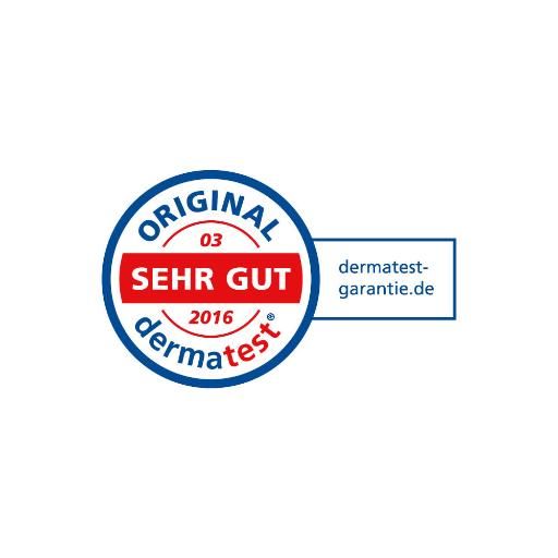 Rundes Siegel "dermatest" mit der Aufschrift "SEHR GUT" und dem Jahr 2016. Text: "dermatest-garantie.de".