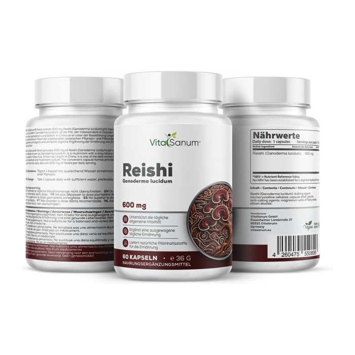 VitaSanum Reishi Kapseln, 60 Stück, 600 mg. Enthält Ganoderma lucidum Extrakt.