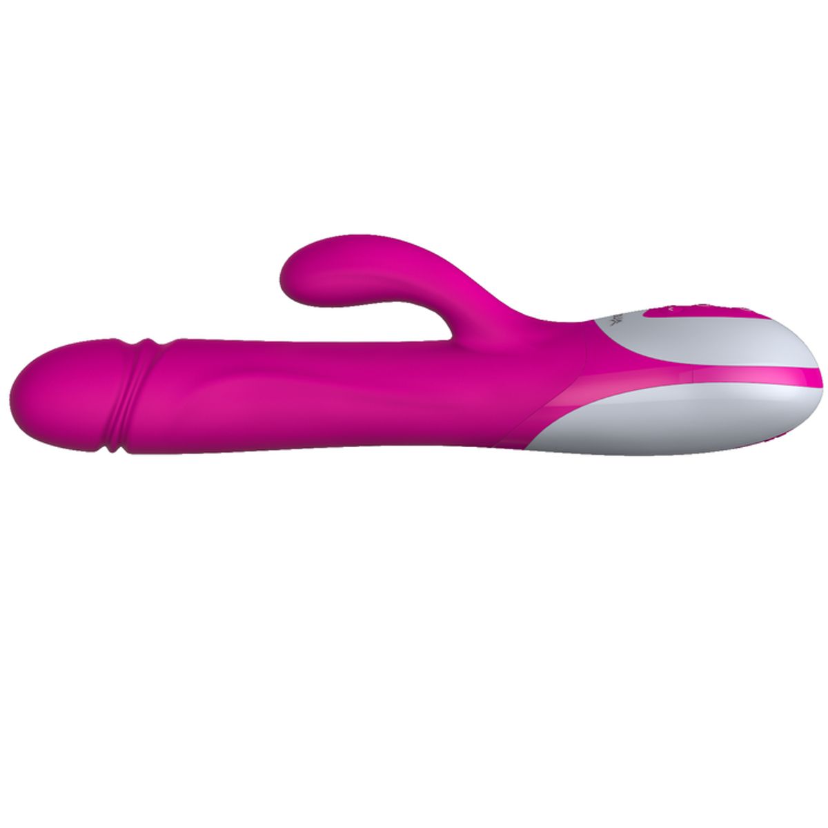 Pinkfarbener Vibrator mit gebogener Spitze und Bedienfeld. Weißes Bedienfeld mit Symbolen. Nalone.