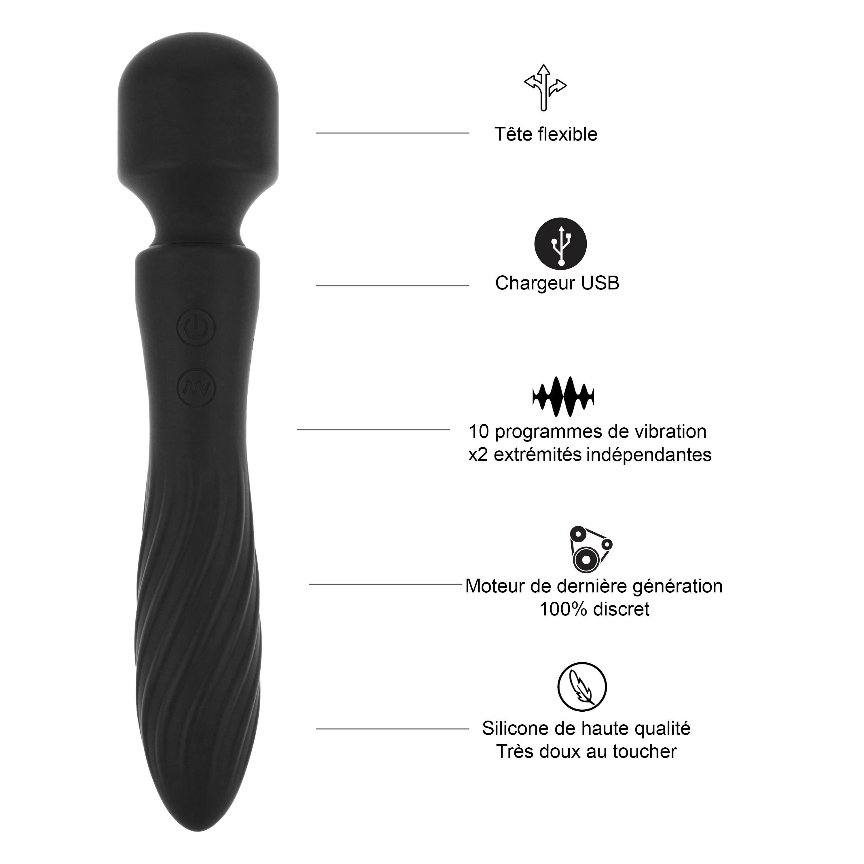 Schwarzer Vibrator mit flexibler Spitze, USB-Ladekabel, 10 Vibrationsprogrammen.