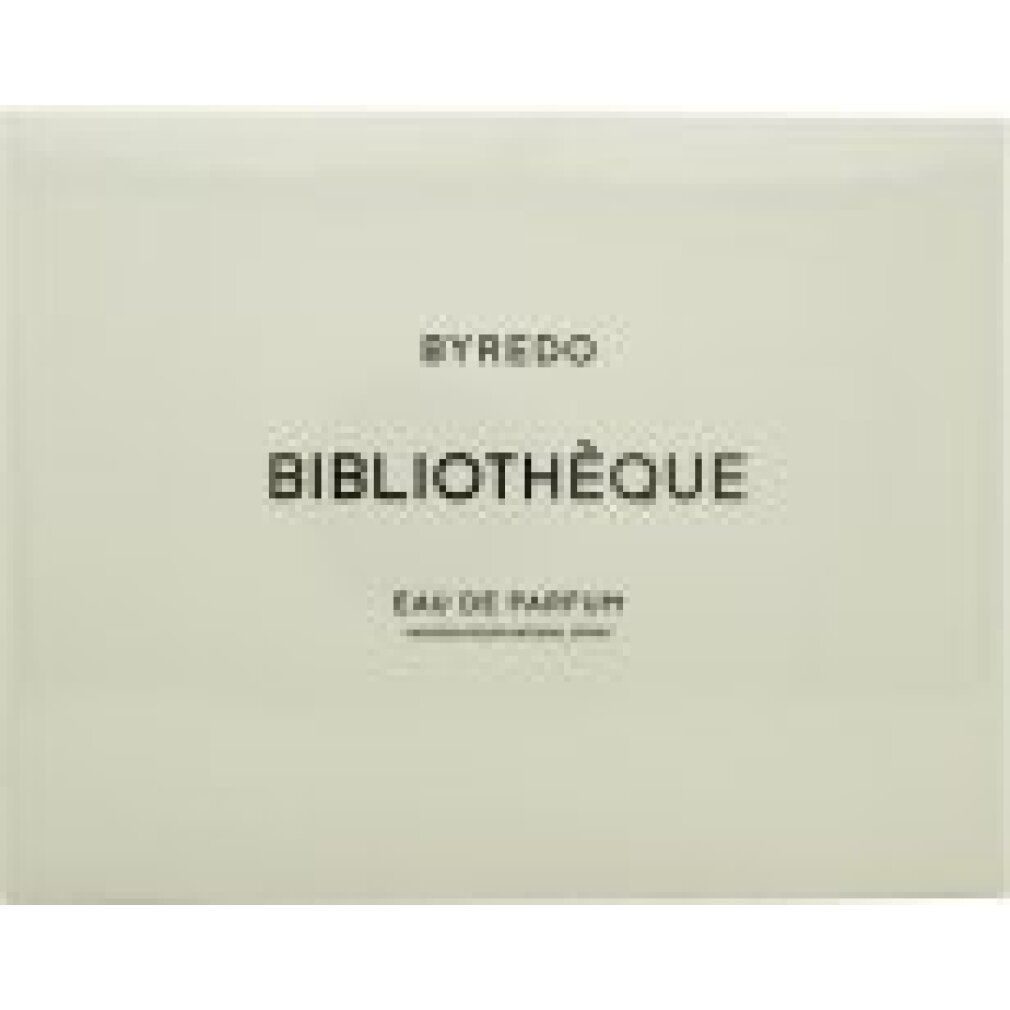 Weiße Verpackung mit Logo und Produktbezeichnung. "BYREDO", "BIBLIOTHÈQUE" und "EAU DE PARFUM" aufgedruckt.